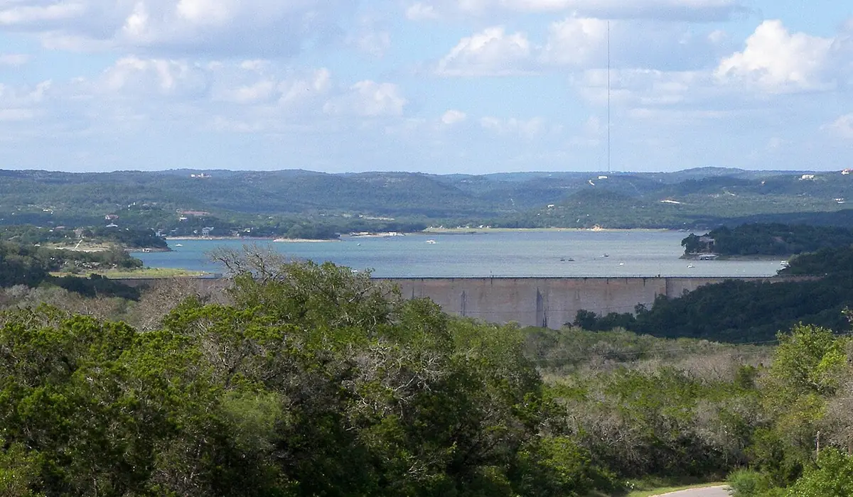 Medina Lake and the Medina Dam ringed by Hill Country hills